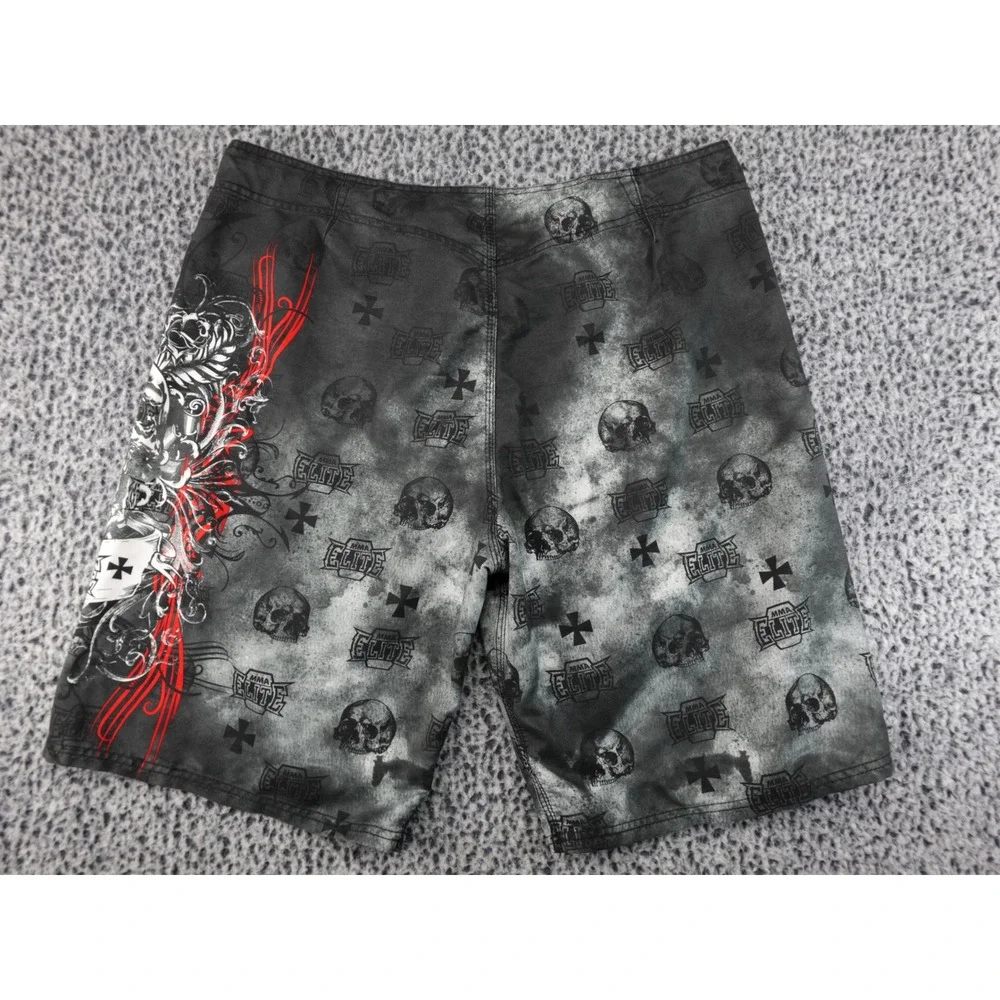 MMA‎ Elite Board Shorts Mens XL Grey Black Skull Graphic Y2K Good Cross Print